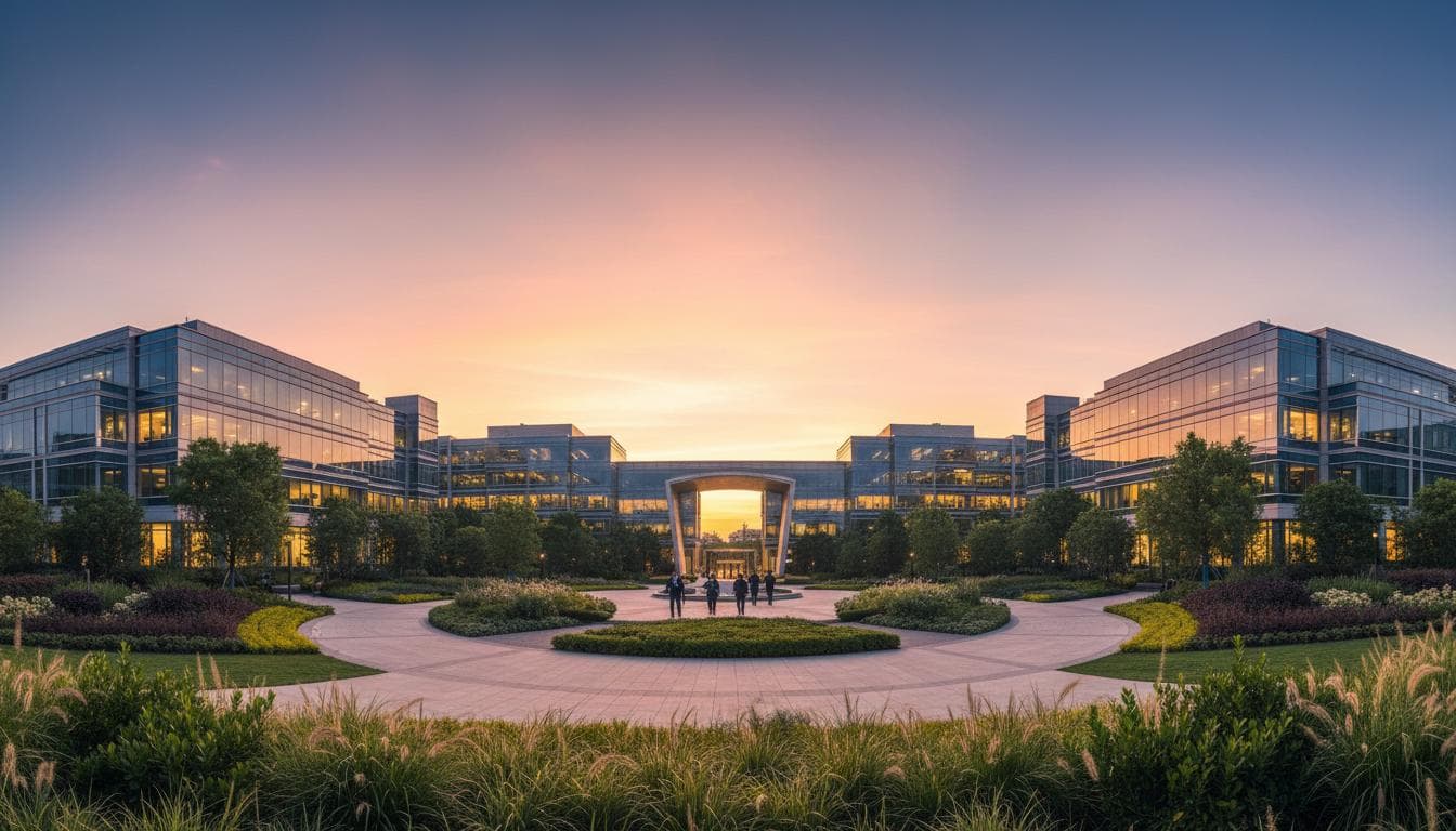 Modern corporate campus at golden hour